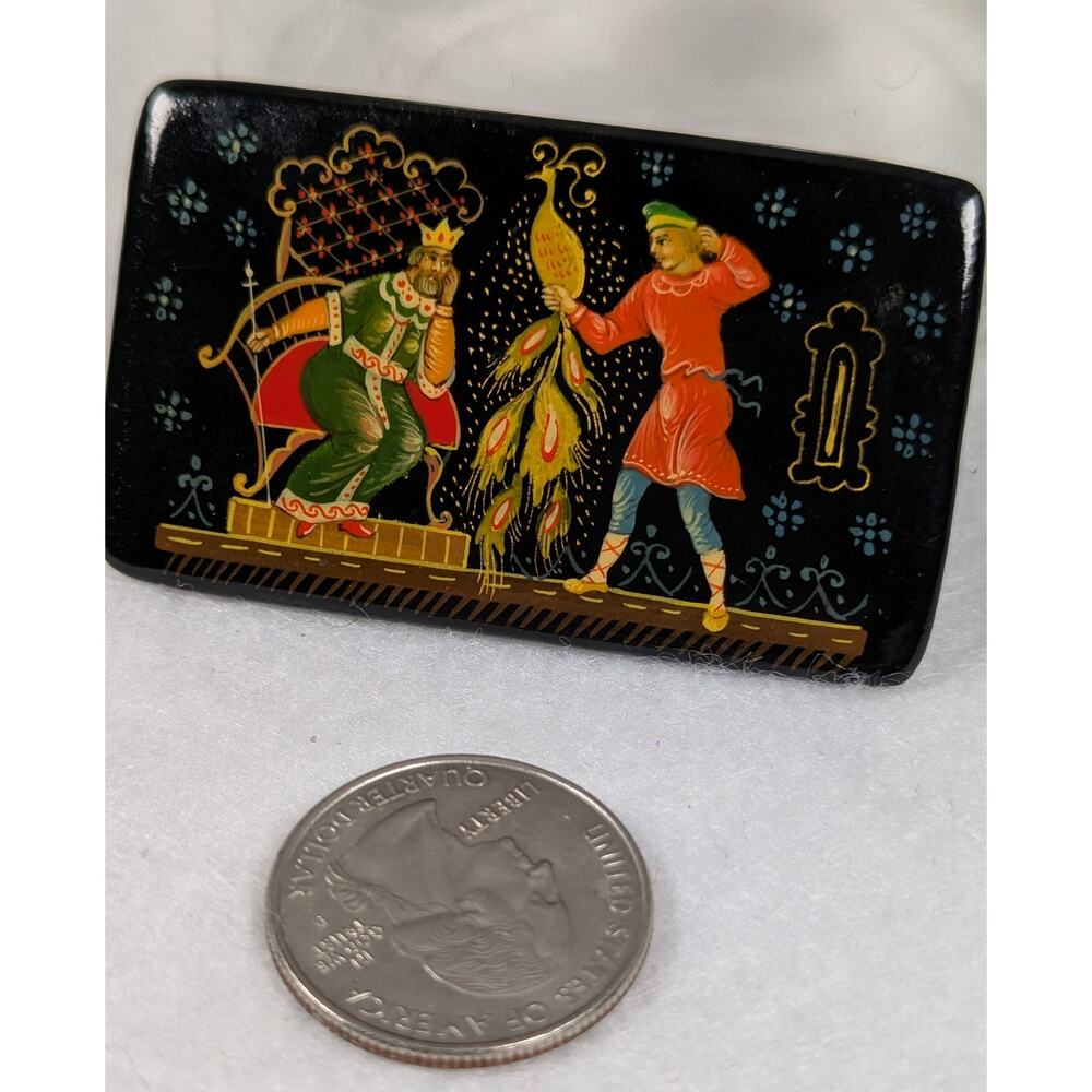 Russian Laquer folk tales pin/brooch Vintage closure 23/8" X 13/8"not signed